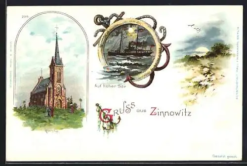 Lithographie Zinnowitz, Kirche und Dampfer auf hoher See