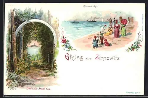 Lithographie Zinnowitz, Blick zur Insel Oie und Strandpartie