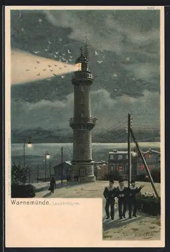 Lithographie Warnemünde, Leuchtturm mit Matrosen bei Nacht