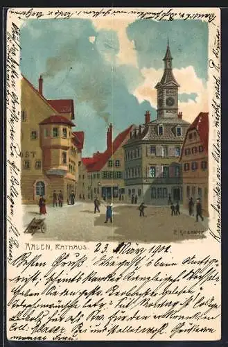 Lithographie Aalen, Rathaus im Sonnenschein