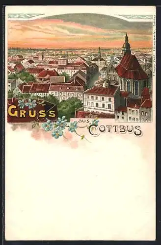 Lithographie Cottbus, Ortsansicht aus der Vogelschau