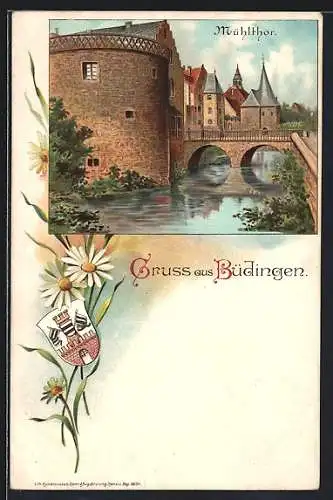 Lithographie Büdingen / Hessen, Mühlthor & Wappen