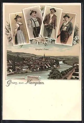 Lithographie Kempten / Allgäu, Ansicht von Osten mit typischen Einwohner-Portraits