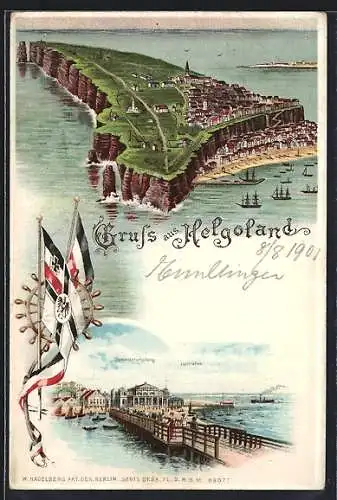 Lithographie Helgoland, Inselpanorama, Seebrücke, Leuchtturm und Strandhotels bei Beleuchtung