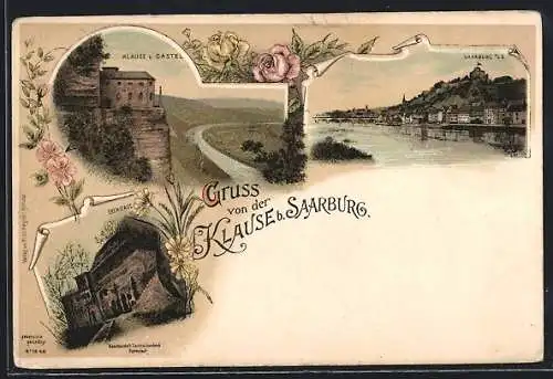 Lithographie Saarburg, Klause b. Castel, Blick auf Saarburg, Eremitage