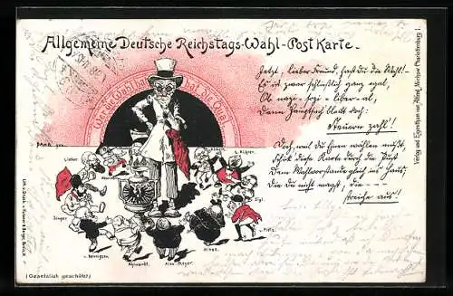 Lithographie Allgemeine Deutsche Reichstags-Wahl-Postkarte, Wer die Wahl hat, hat die Qual, Singer, Sigl, Ahlwardt