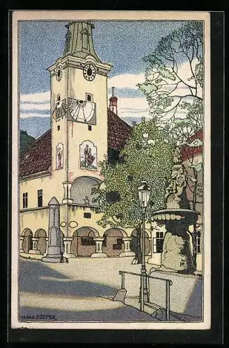 Künstler-AK sign. Franz Süsser, Kilophot Nr. A 113: Gumpoldskirchen, Denkmal und Rathaus