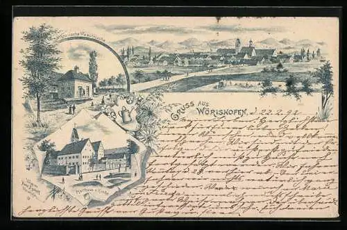 Vorläufer-Lithographie Wörishofen, 1892, Historische Waschküche, Pfarrhaus und Kirche