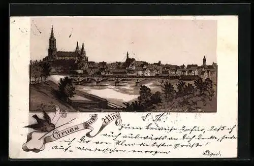 Vorläufer-Lithographie Ulm / Donau, 1893, Stadtpanorama mit Singvogel