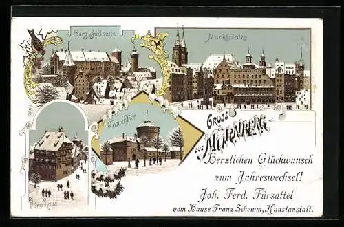 Winter-Lithographie Nürnberg, Burg, Frauenthor, Dürerhaus und Marktplatz