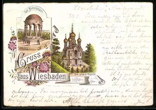 Vorläufer-Lithographie Wiesbaden, 1893, Griechische Kapelle und Nerotempel