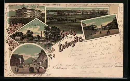 Lithographie Lobositz, Landungsplatz u. Elbrestaurant, Volks- u. Bürgerschule, Hauptstrasse