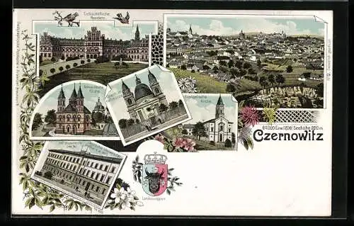 Lithographie Czernowitz, Erzbischöfl. Residenz, Armenische Kirche, Deutsche Universität, Wappen