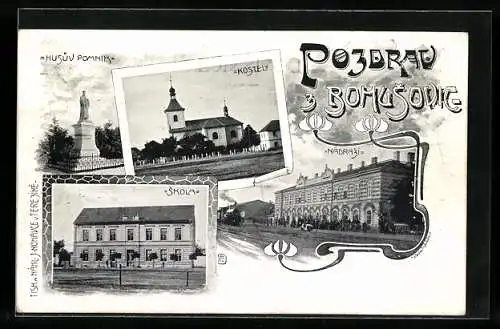 Lithographie Bohusovic, Kostel, Skola, Nadrazi