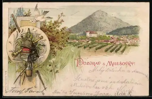 Lithographie Milleschau, Ortschaft gegen Berg