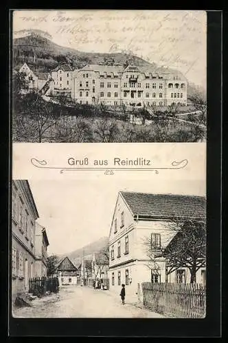 AK Reindlitz, Villa mit Anlagen, Strassenpartie