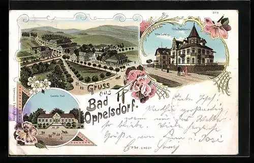 Lithographie Bad Oppelsdorf, Carola-Bad, Villa Waldesruh, Villa Daheiim