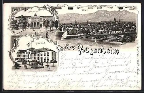 Lithographie Rosenheim, Gesamtansicht, Bahnhof, Kaiserbad