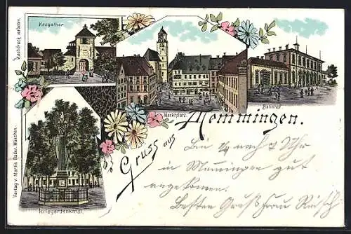 Lithographie Memmingen, Marktplatz, Bahnhof, Kriegerdenkmal