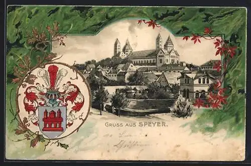 Lithographie Speyer, Teilansicht mit Kirche, Wappen