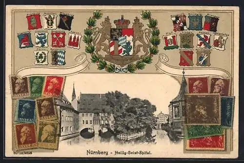 Passepartout-Präge-AK Nürnberg, Heilig-Geist-Spital, Briefmarken und Wappen