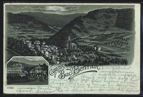 Mondschein-Lithographie Bad Bertrich, Kurhaus, Teilansicht mit Kirche
