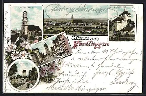 Lithographie Nördlingen, St. Georgskirche, Bergerthor, Wasserthurm