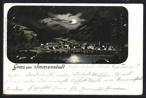 Lithographie Immenstadt, Teilansicht bei Mondschein