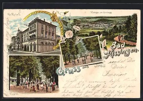 Lithographie Bad Kissingen, königliches Kurhaus, Kurgarten und Blick vom Sinnberg