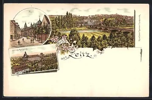 Lithographie Zeitz, Post, Schloss Moritzburg, Totalansicht