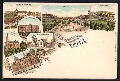 Lithographie Zeitz, Schloss Moritzburg, St. Michaeliskirche, Neue St. Trinitatis-Kirche