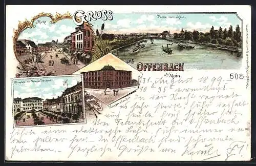 Lithographie Offenbach /Main, Markt, Aliceplatz mit Kriegerdenkmal, Mainpartie