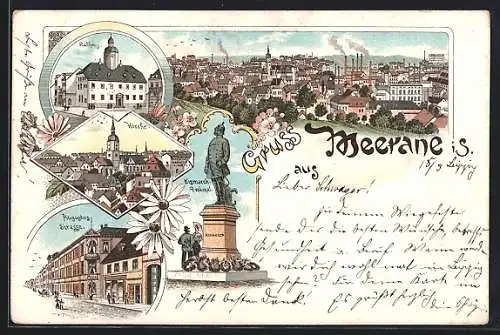 Lithographie Meerane i. S., Bismarck-Denkmal, Kirche, Rathaus, Augustusstrasse