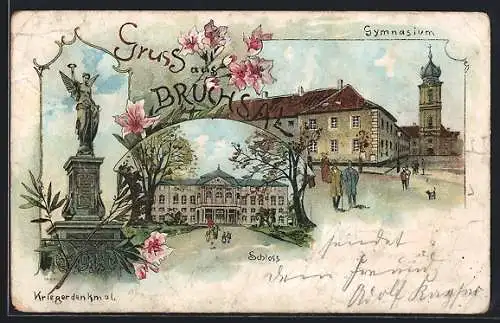 Lithographie Bruchsal, Gymnasium, Schloss und Kriegerdenkmal