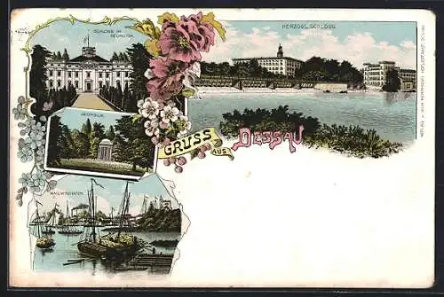 Lithographie Dessau, Schloss im Georgium, Wallwitzhafen, Herzogliches Schloss