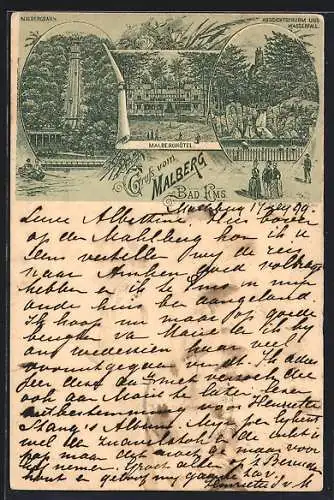 Lithographie Bad Ems, Gasthof Malberg, Malbergbahn, Aussichtsturm und Wasserfall