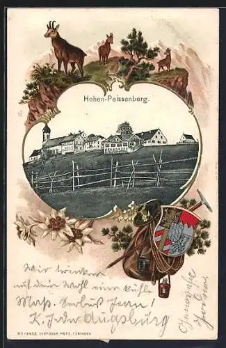 Passepartout-Lithographie Hohenpeissenberg, Ortsansicht, Wappen