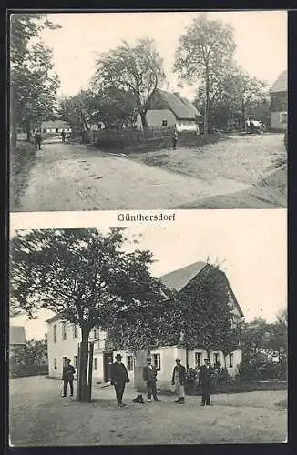 AK Günthersdorf, Gebäude mit Herrengruppe, Ortspartie mit Strasse