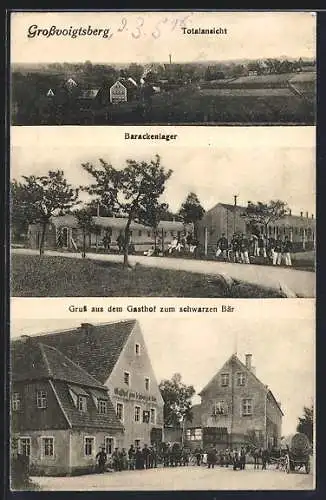 AK Grossvoigtsberg, Gasthof zum schwarzen Bär mit Versammlung, Barackenlager, Totalansicht