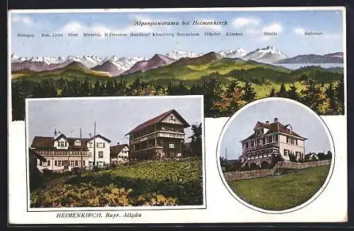 Künstler-AK Eugen Felle: Heimenkirch /Allgäu, Ortspartie, Einzelhaus, Alpenpanorama