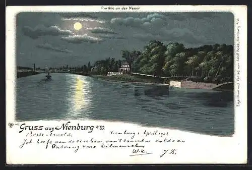 Lithographie Nienburg a. W., Partie an der Weser