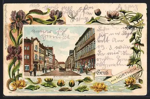 Lithographie Northeim, Breitestrasse, Seerosen u. Lilien