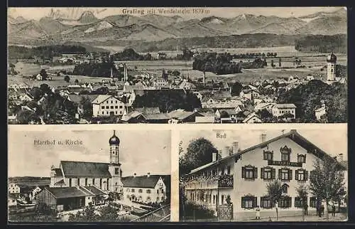 AK Grafing, Bad, Pfarrhof und Kirche, Ortsansicht mit Wendelstein