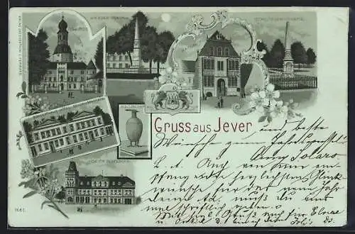 Mondschein-Lithographie Jever, Concerthaus-Hotel Erbgrossherzog, Hopf von Oldenburg, Kriegerdenkmal