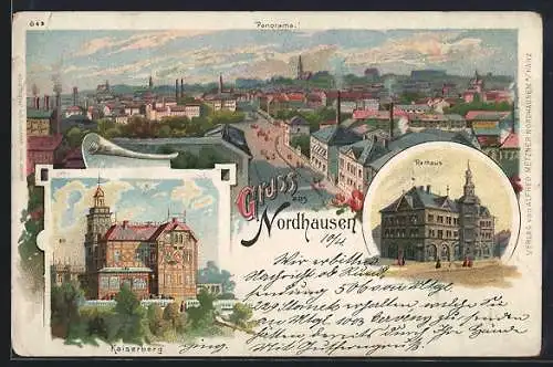 Lithographie Nordhausen, Rathaus, Kaiserberg, Panorama