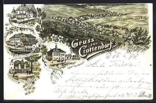 Lithographie Crottendorf, Gasthaus Deutsches Haus, Gasthof zur Glashütte, Wettin-Denkmal, Gesamtansicht