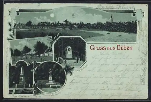 Mondschein-Lithographie Düben / Mulde, Bismarck-Denkmal, Germania-Denkmal, Paradeplatz, Ortspanorama mit Gewässer