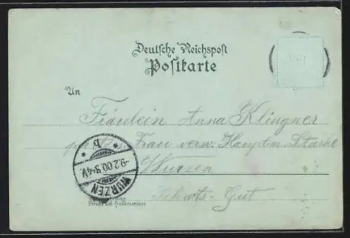 Mondschein-Lithographie Düben / Mulde, Bismarck-Denkmal, Germania-Denkmal, Paradeplatz, Ortspanorama mit Gewässer