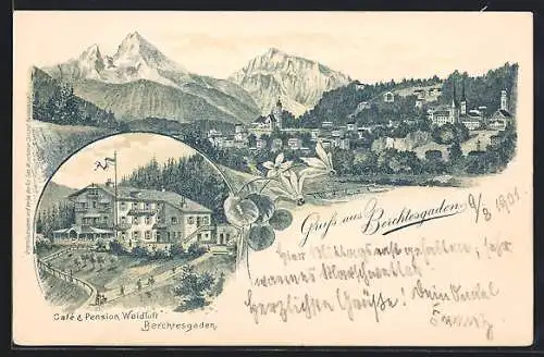 Lithographie Berchtesgaden, Cafe & Pension Waldluft, Ortsansicht mit Bergpanorama