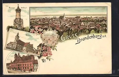 Lithographie Brandenburg / Havel, Gesamtansicht, Kriegerdenkmal, Rathaus und Postamt, Wappen